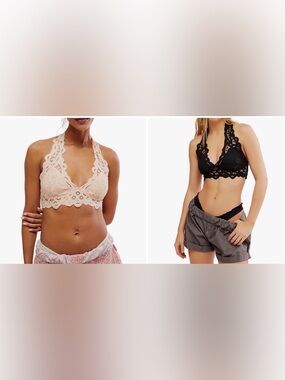 Free People Adella Lace Halter Bralette (set of 2)/Almond Cream, Black/ Size XS
